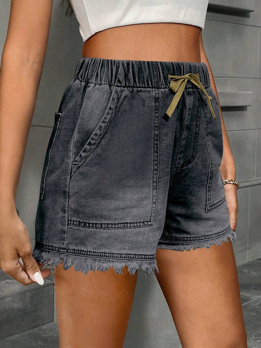 Women's Cute Drawstring Elastic Waist Denim Shorts, Frayed Hem, Non-Stretch Blue Denim Bermuda Shorts