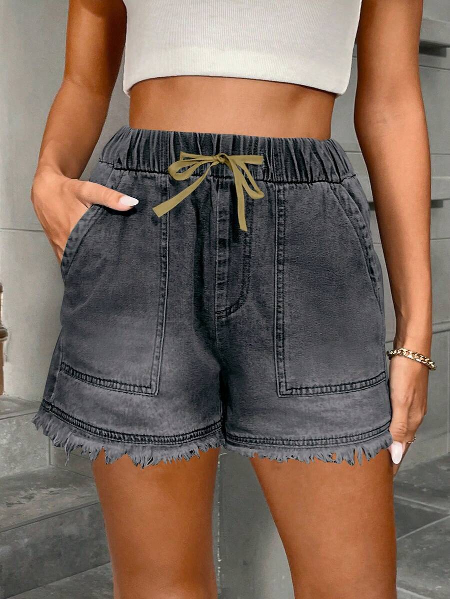 Women's Cute Drawstring Elastic Waist Denim Shorts, Frayed Hem, Non-Stretch Blue Denim Bermuda Shorts