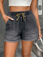 Women's Cute Drawstring Elastic Waist Denim Shorts, Frayed Hem, Non-Stretch Blue Denim Bermuda Shorts
