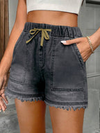 Women's Cute Drawstring Elastic Waist Denim Shorts, Frayed Hem, Non-Stretch Blue Denim Bermuda Shorts