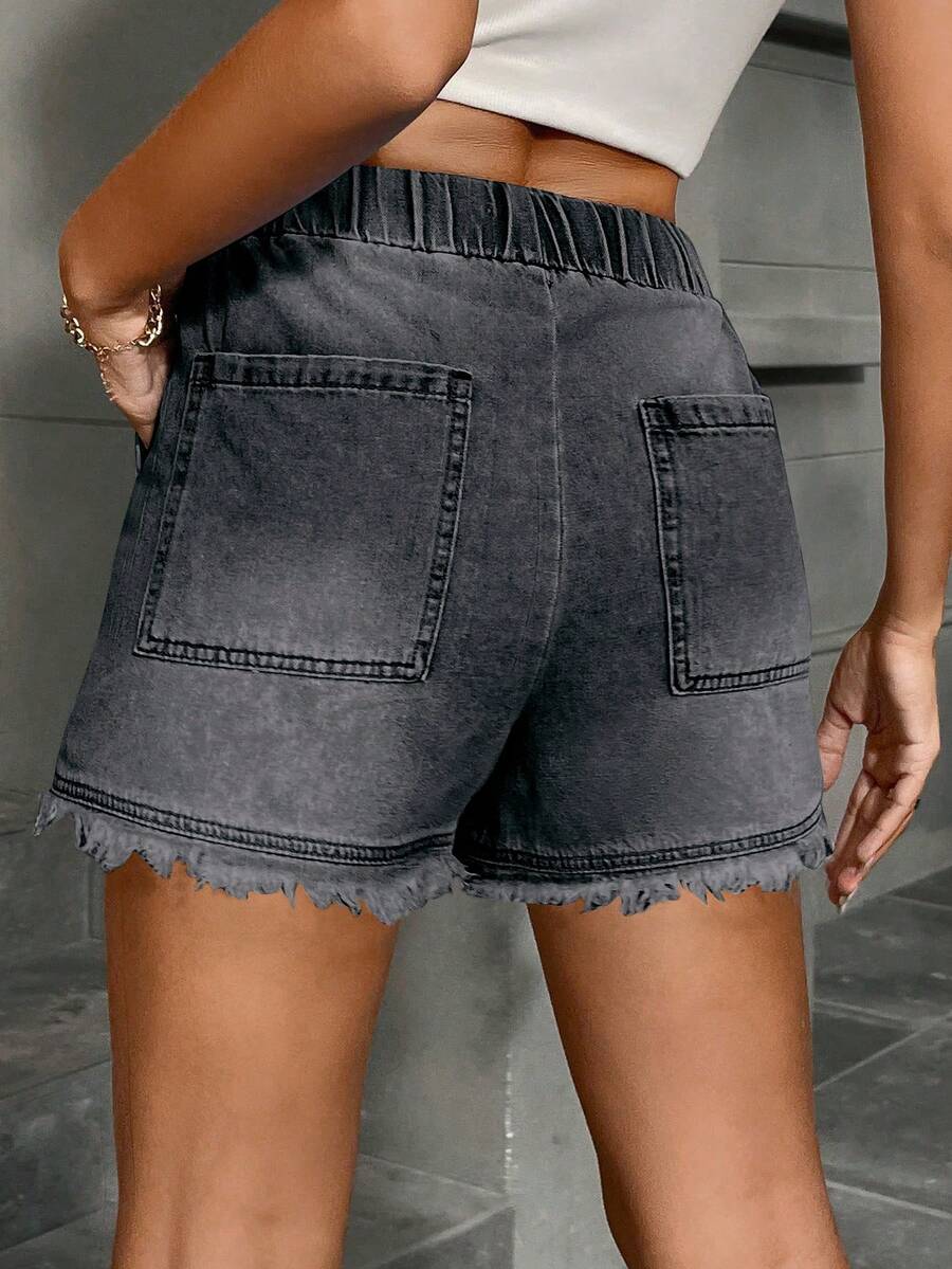 Women's Cute Drawstring Elastic Waist Denim Shorts, Frayed Hem, Non-Stretch Blue Denim Bermuda Shorts