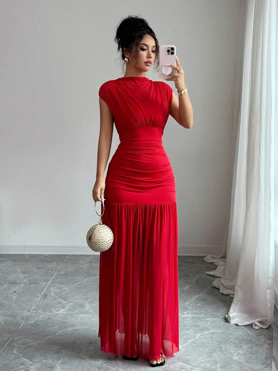 Elenzga New Fashionable Solid Red Mini Stand Collar Sleeveless Sexy Hollow-Out Mesh Splice Pleated A-Line Maxi Dress For Women, Suitable For Graduation Party, Holiday, Date