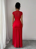 Elenzga New Fashionable Solid Red Mini Stand Collar Sleeveless Sexy Hollow-Out Mesh Splice Pleated A-Line Maxi Dress For Women, Suitable For Graduation Party, Holiday, Date
