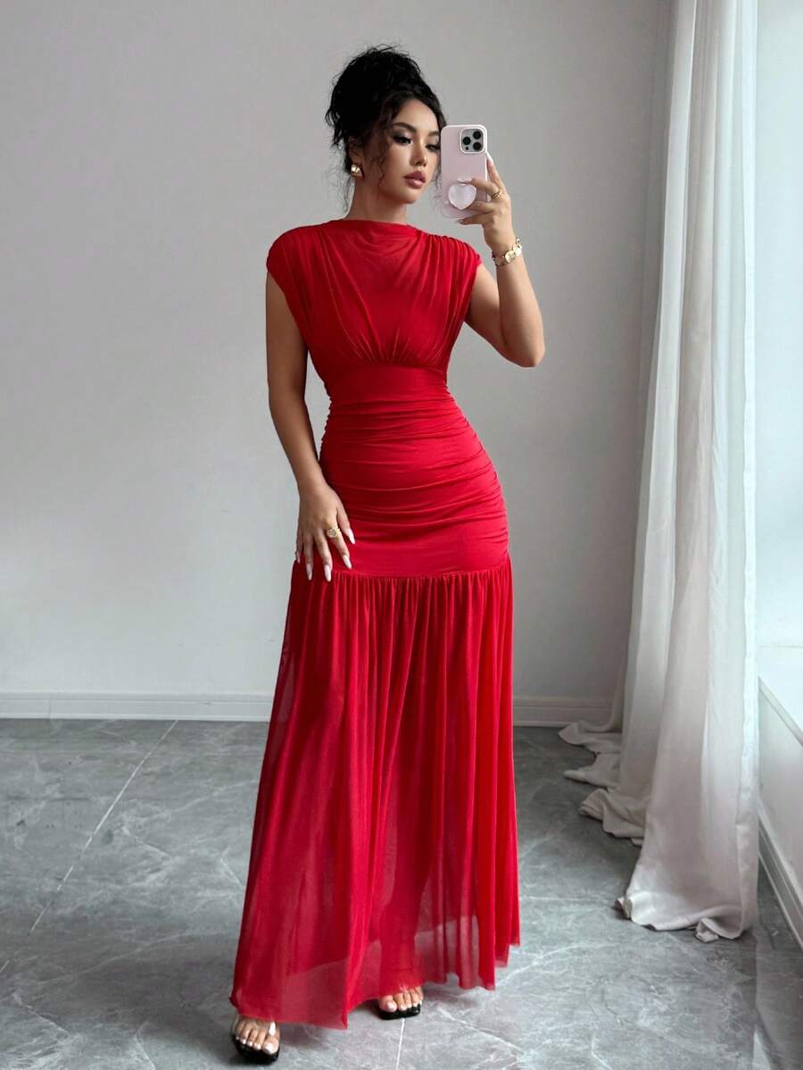 Elenzga New Fashionable Solid Red Mini Stand Collar Sleeveless Sexy Hollow-Out Mesh Splice Pleated A-Line Maxi Dress For Women, Suitable For Graduation Party, Holiday, Date