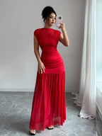 Elenzga New Fashionable Solid Red Mini Stand Collar Sleeveless Sexy Hollow-Out Mesh Splice Pleated A-Line Maxi Dress For Women, Suitable For Graduation Party, Holiday, Date