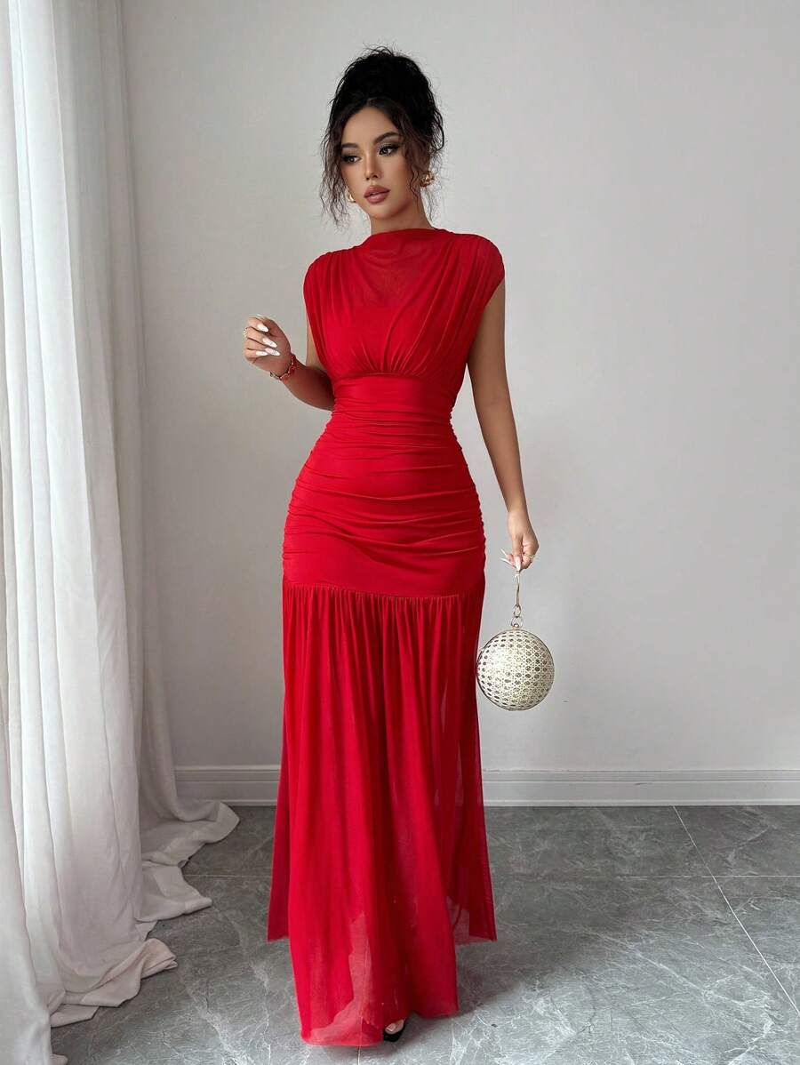 Elenzga New Fashionable Solid Red Mini Stand Collar Sleeveless Sexy Hollow-Out Mesh Splice Pleated A-Line Maxi Dress For Women, Suitable For Graduation Party, Holiday, Date
