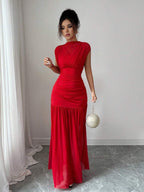 Elenzga New Fashionable Solid Red Mini Stand Collar Sleeveless Sexy Hollow-Out Mesh Splice Pleated A-Line Maxi Dress For Women, Suitable For Graduation Party, Holiday, Date