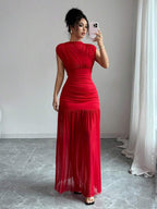 Elenzga New Fashionable Solid Red Mini Stand Collar Sleeveless Sexy Hollow-Out Mesh Splice Pleated A-Line Maxi Dress For Women, Suitable For Graduation Party, Holiday, Date