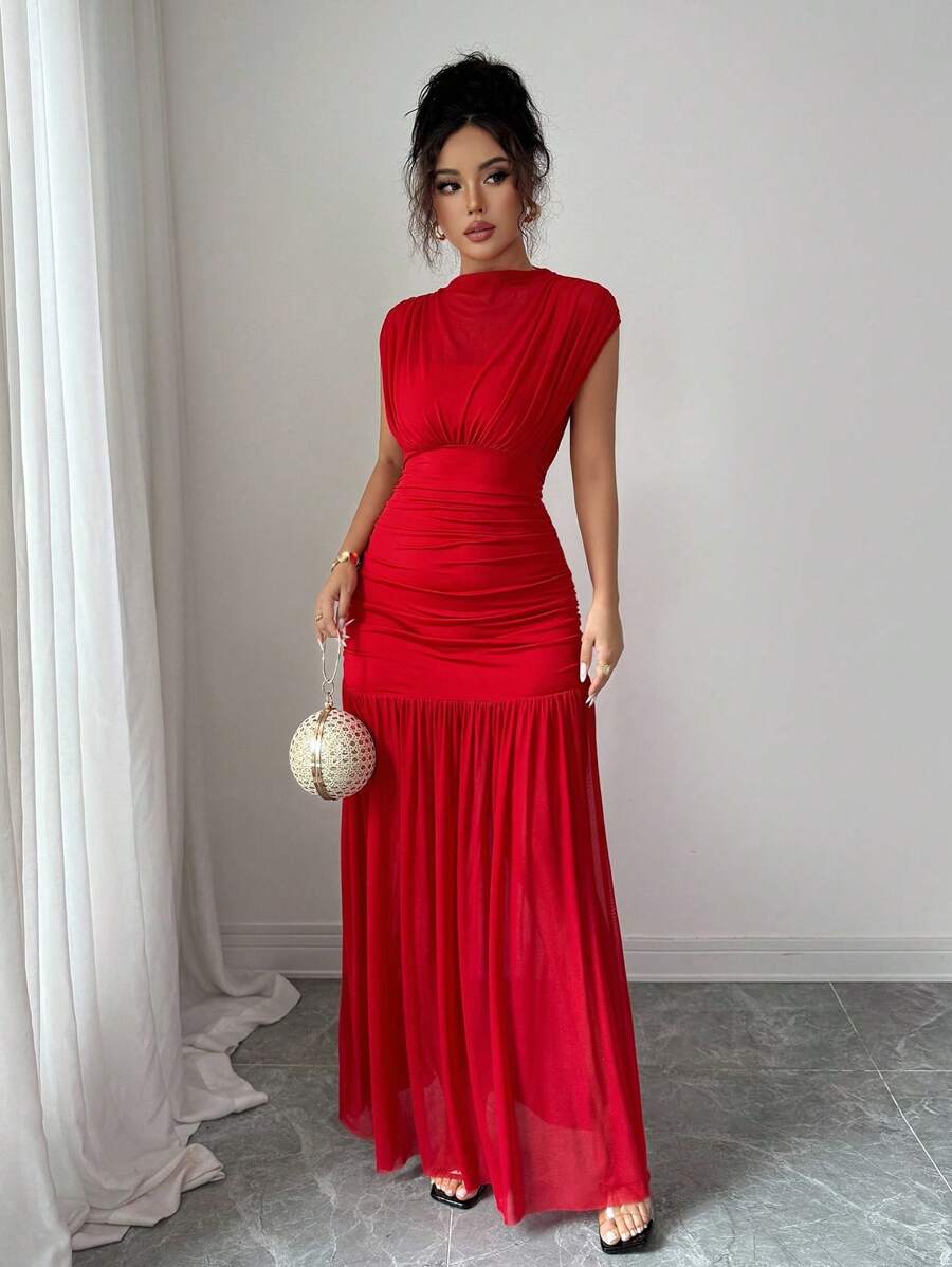 Elenzga New Fashionable Solid Red Mini Stand Collar Sleeveless Sexy Hollow-Out Mesh Splice Pleated A-Line Maxi Dress For Women, Suitable For Graduation Party, Holiday, Date