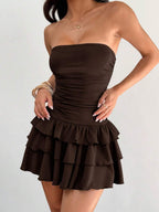 MainGRL Knitted Fabric A-Line Sleeveless Mini Dress In Burgundy Tube Top Dress Ruffle Dress,Party Dress