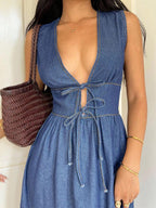Siren Gaze Women's Deep V Neck Sleeveless Casual Denim Wrap Dress Winter Blue Spring