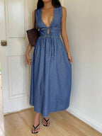 Siren Gaze Women's Deep V Neck Sleeveless Casual Denim Wrap Dress Winter Blue Spring