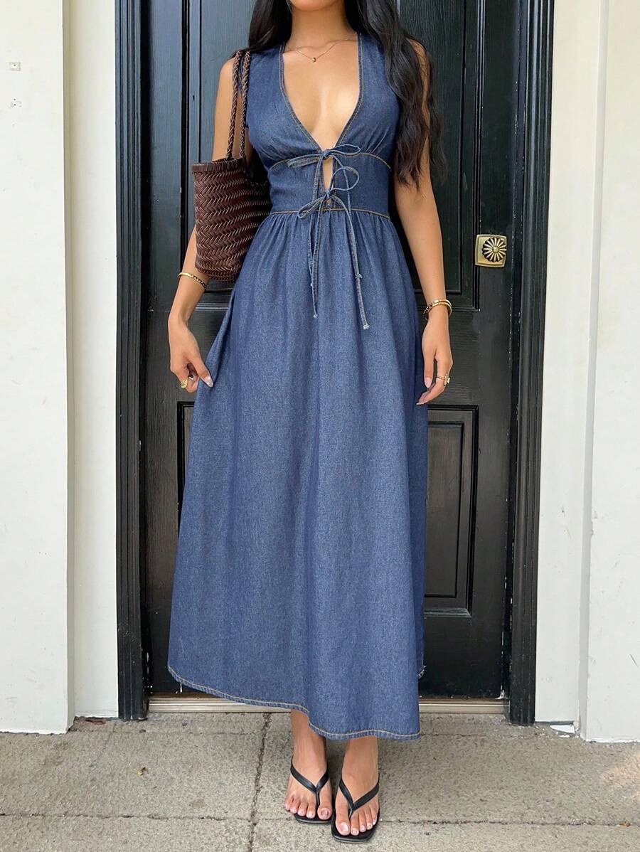 Siren Gaze Women's Deep V Neck Sleeveless Casual Denim Wrap Dress Winter Blue Spring