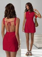 Easelle Women's Solid Color Backless Lace-Up Sleeveless Mini Summer Dress