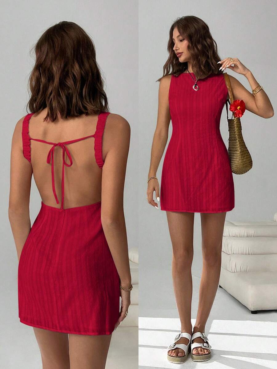Easelle Women's Solid Color Backless Lace-Up Sleeveless Mini Summer Dress