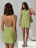 Easelle Women's Solid Color Backless Lace-Up Sleeveless Mini Summer Dress