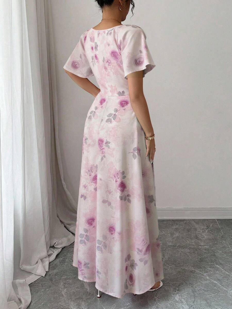 Modelyn Women Chiffon Butterfly Print Batwing Sleeve Drawstring Sweet French Style Mini Dress, Summer