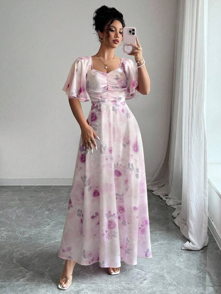 Modelyn Women Chiffon Butterfly Print Batwing Sleeve Drawstring Sweet French Style Mini Dress, Summer