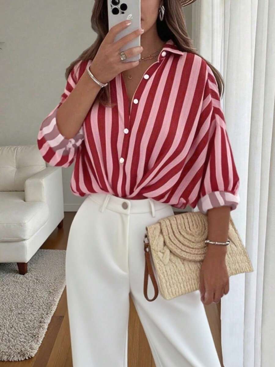 Women's Vintage Inspired Lightweight Jacket, Bohemian Colorblock Striped Pattern, Pink Casual Lapel Long Sleeve Button-Up Shirt, Loose Comfortable Elegant Romantic Urban Casual Blouse