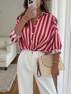 Women's Vintage Inspired Lightweight Jacket, Bohemian Colorblock Striped Pattern, Pink Casual Lapel Long Sleeve Button-Up Shirt, Loose Comfortable Elegant Romantic Urban Casual Blouse