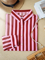 Women's Vintage Inspired Lightweight Jacket, Bohemian Colorblock Striped Pattern, Pink Casual Lapel Long Sleeve Button-Up Shirt, Loose Comfortable Elegant Romantic Urban Casual Blouse