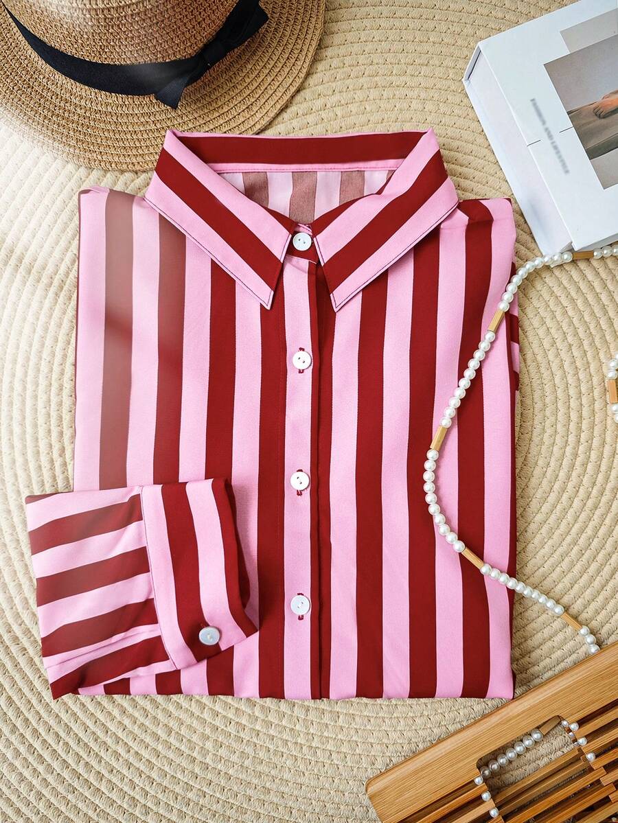 Women's Vintage Inspired Lightweight Jacket, Bohemian Colorblock Striped Pattern, Pink Casual Lapel Long Sleeve Button-Up Shirt, Loose Comfortable Elegant Romantic Urban Casual Blouse