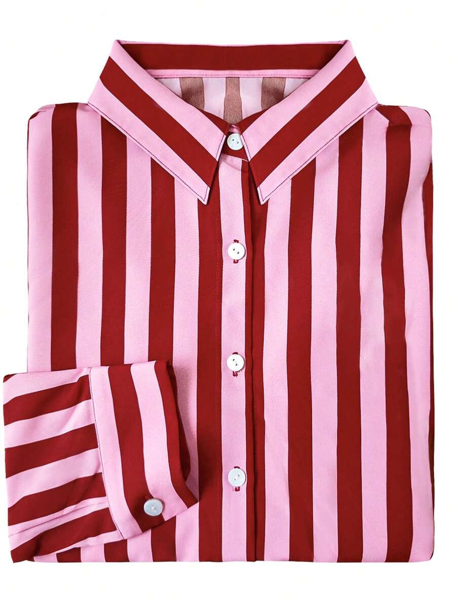 Women's Vintage Inspired Lightweight Jacket, Bohemian Colorblock Striped Pattern, Pink Casual Lapel Long Sleeve Button-Up Shirt, Loose Comfortable Elegant Romantic Urban Casual Blouse