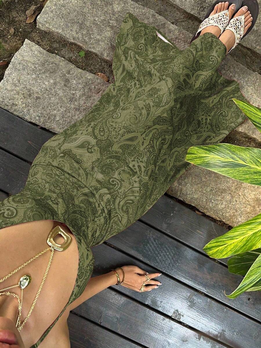 SHEIN Unity Paisley Print V-Neck Backless Tie-Up Button Design Maxi Dress