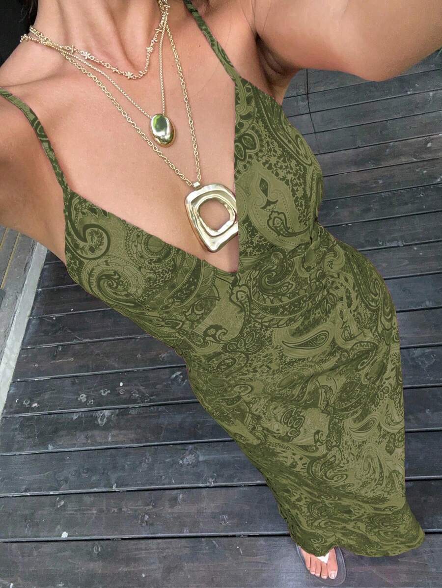 SHEIN Unity Paisley Print V-Neck Backless Tie-Up Button Design Maxi Dress