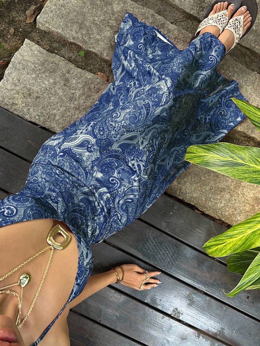 SHEIN Unity Paisley Print V-Neck Backless Tie-Up Button Design Maxi Dress