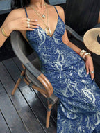 SHEIN Unity Paisley Print V-Neck Backless Tie-Up Button Design Maxi Dress