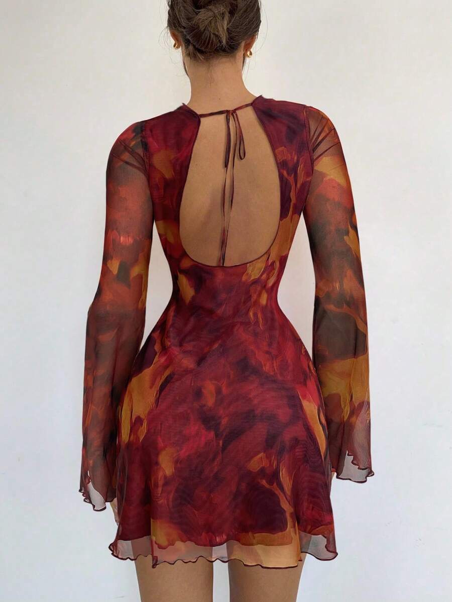 Siren Gaze Women's Sexy Mesh Patchwork Flare Sleeve Backless Mini Dress, Autumn,Dresses For Women Party Brown Summer