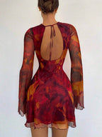 Siren Gaze Women's Sexy Mesh Patchwork Flare Sleeve Backless Mini Dress, Autumn,Dresses For Women Party Brown Summer