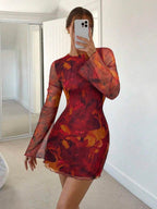 Siren Gaze Women's Sexy Mesh Patchwork Flare Sleeve Backless Mini Dress, Autumn,Dresses For Women Party Brown Summer