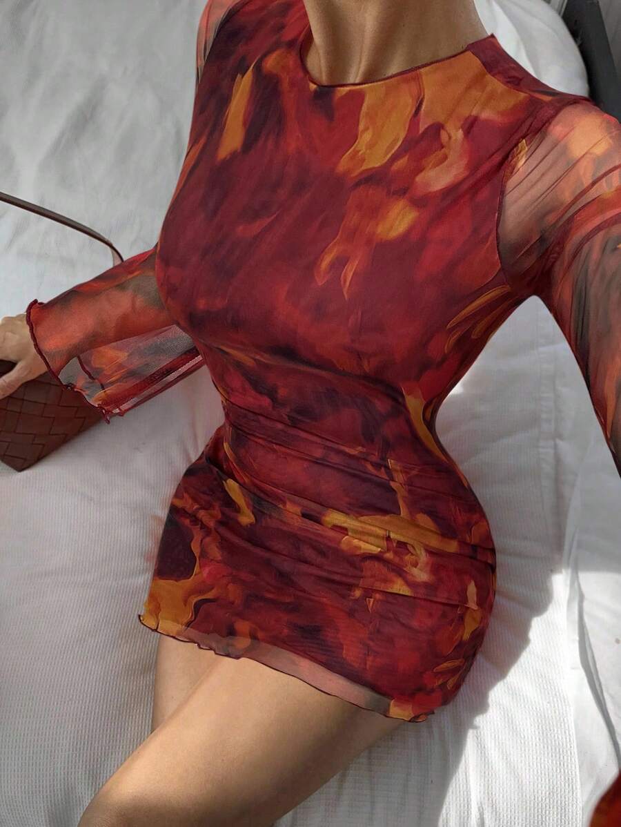 Siren Gaze Women's Sexy Mesh Patchwork Flare Sleeve Backless Mini Dress, Autumn,Dresses For Women Party Brown Summer