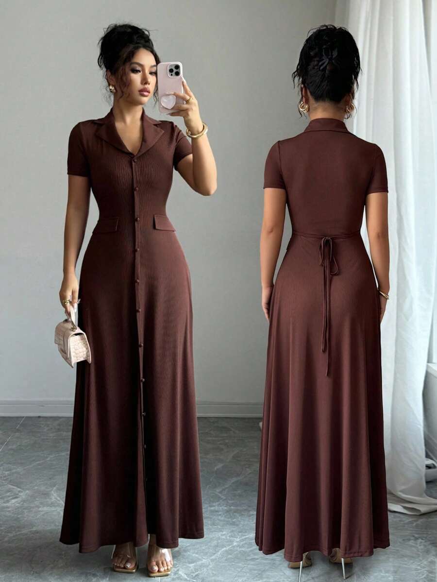 Elenzga Elegant Commuter Brown Lapel Waist Slimming Button Decor A-Line Back Bowknot Short Sleeve Maxi Dress For Women