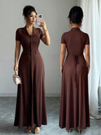 Elenzga Elegant Commuter Brown Lapel Waist Slimming Button Decor A-Line Back Bowknot Short Sleeve Maxi Dress For Women
