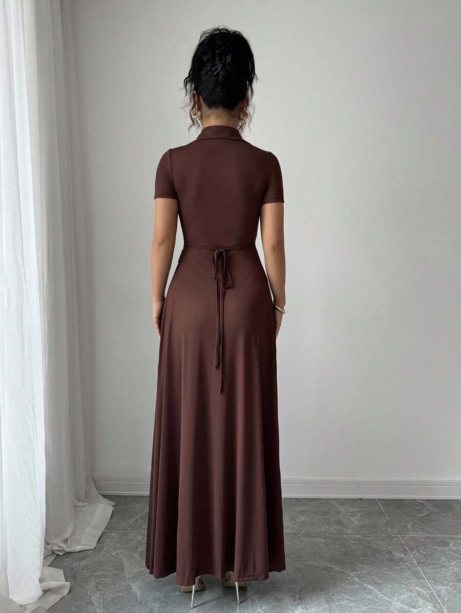 Elenzga Elegant Commuter Brown Lapel Waist Slimming Button Decor A-Line Back Bowknot Short Sleeve Maxi Dress For Women