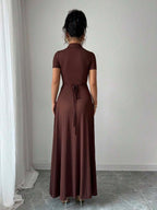 Elenzga Elegant Commuter Brown Lapel Waist Slimming Button Decor A-Line Back Bowknot Short Sleeve Maxi Dress For Women