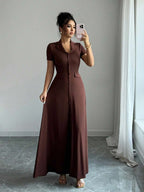 Elenzga Elegant Commuter Brown Lapel Waist Slimming Button Decor A-Line Back Bowknot Short Sleeve Maxi Dress For Women