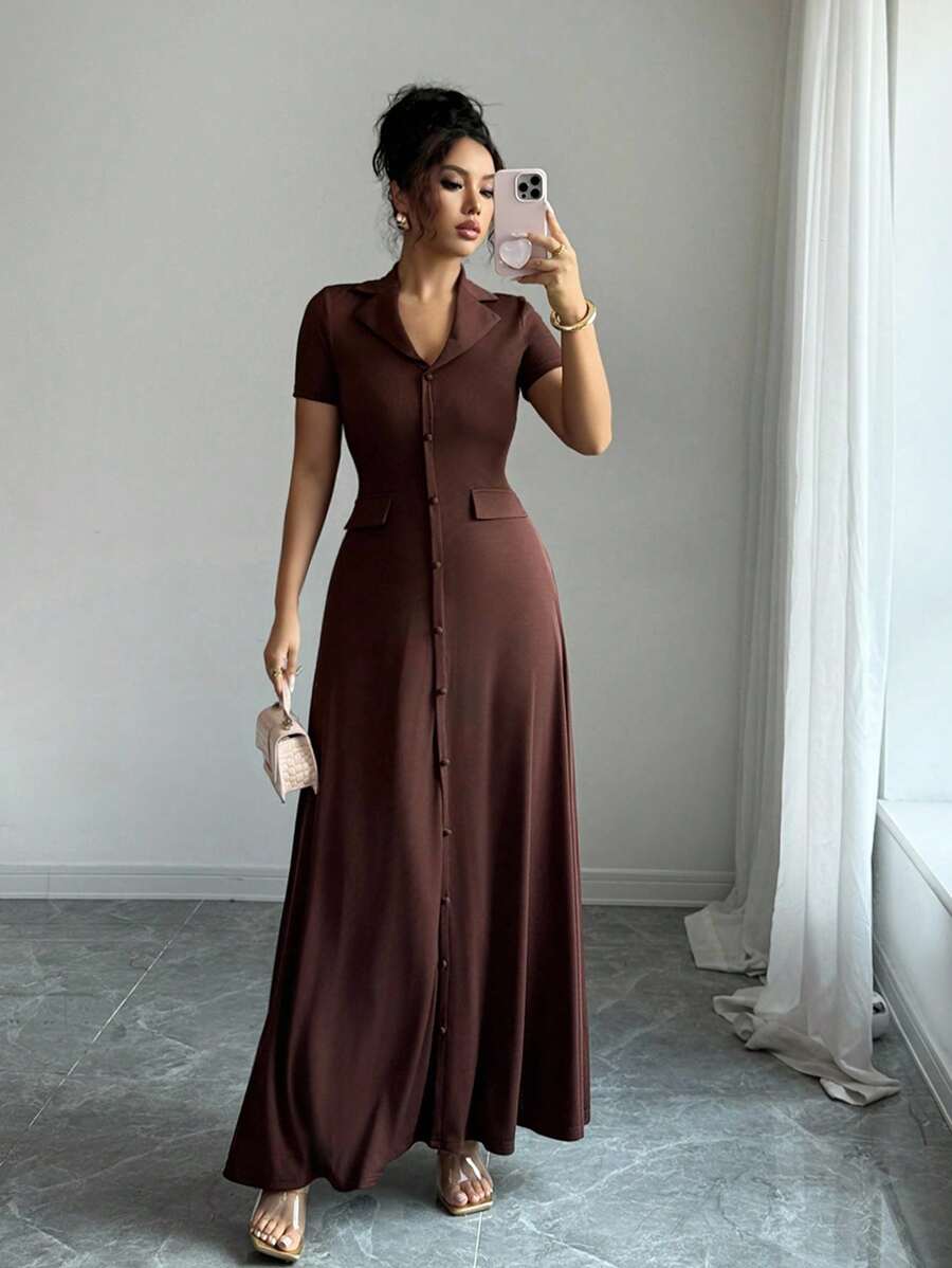 Elenzga Elegant Commuter Brown Lapel Waist Slimming Button Decor A-Line Back Bowknot Short Sleeve Maxi Dress For Women