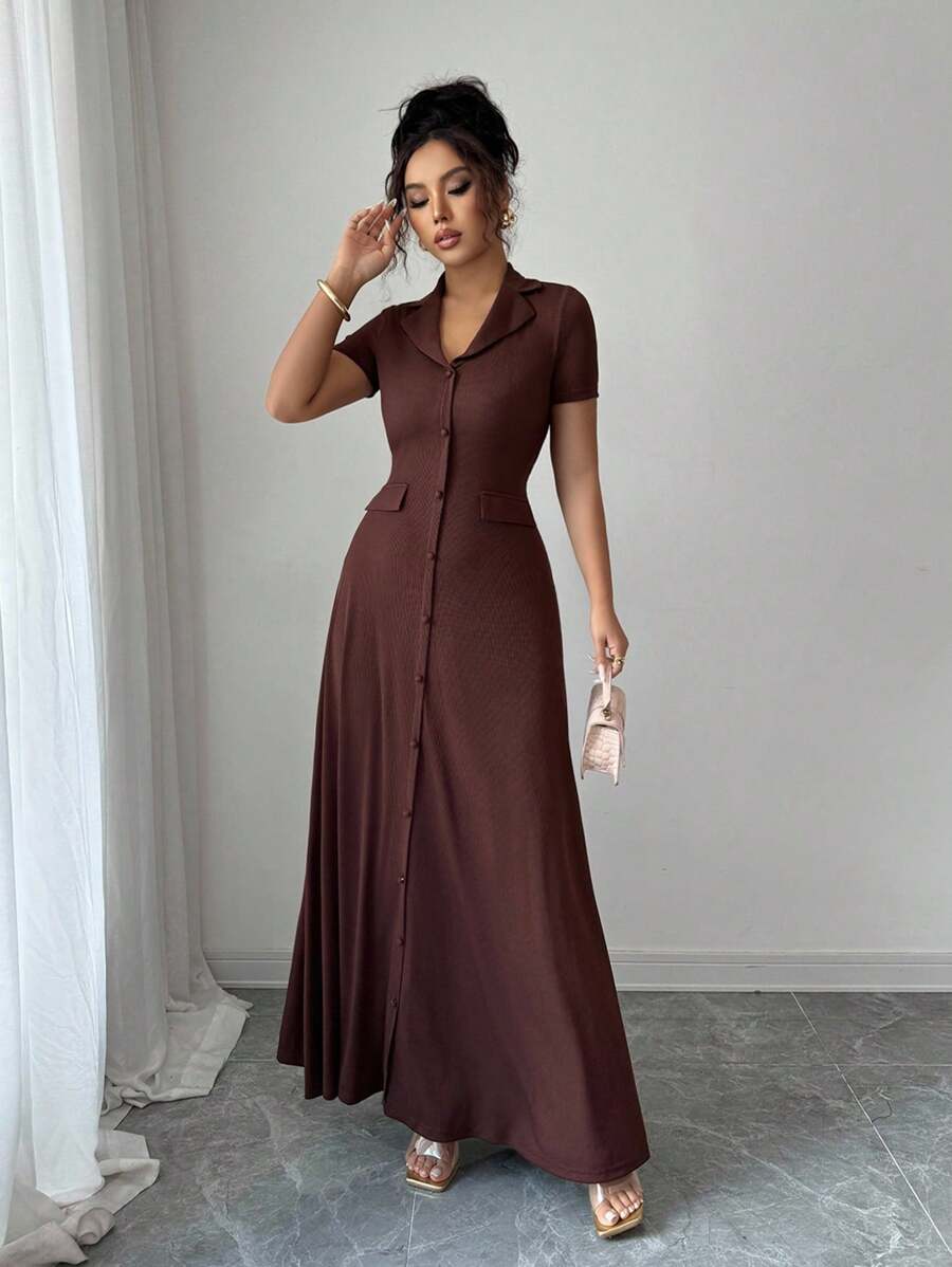 Elenzga Elegant Commuter Brown Lapel Waist Slimming Button Decor A-Line Back Bowknot Short Sleeve Maxi Dress For Women