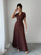Elenzga Elegant Commuter Brown Lapel Waist Slimming Button Decor A-Line Back Bowknot Short Sleeve Maxi Dress For Women