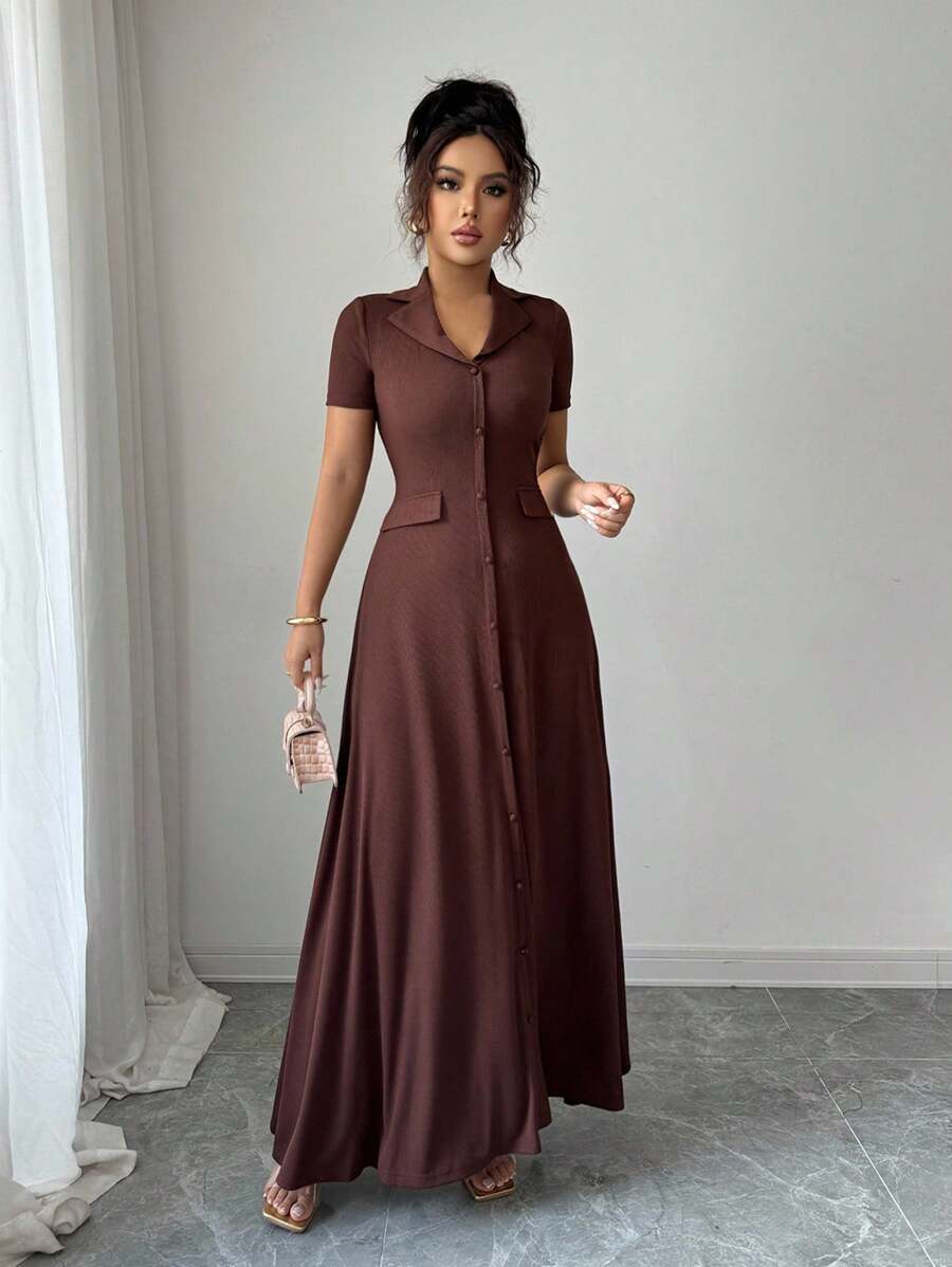 Elenzga Elegant Commuter Brown Lapel Waist Slimming Button Decor A-Line Back Bowknot Short Sleeve Maxi Dress For Women