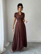 Elenzga Elegant Commuter Brown Lapel Waist Slimming Button Decor A-Line Back Bowknot Short Sleeve Maxi Dress For Women