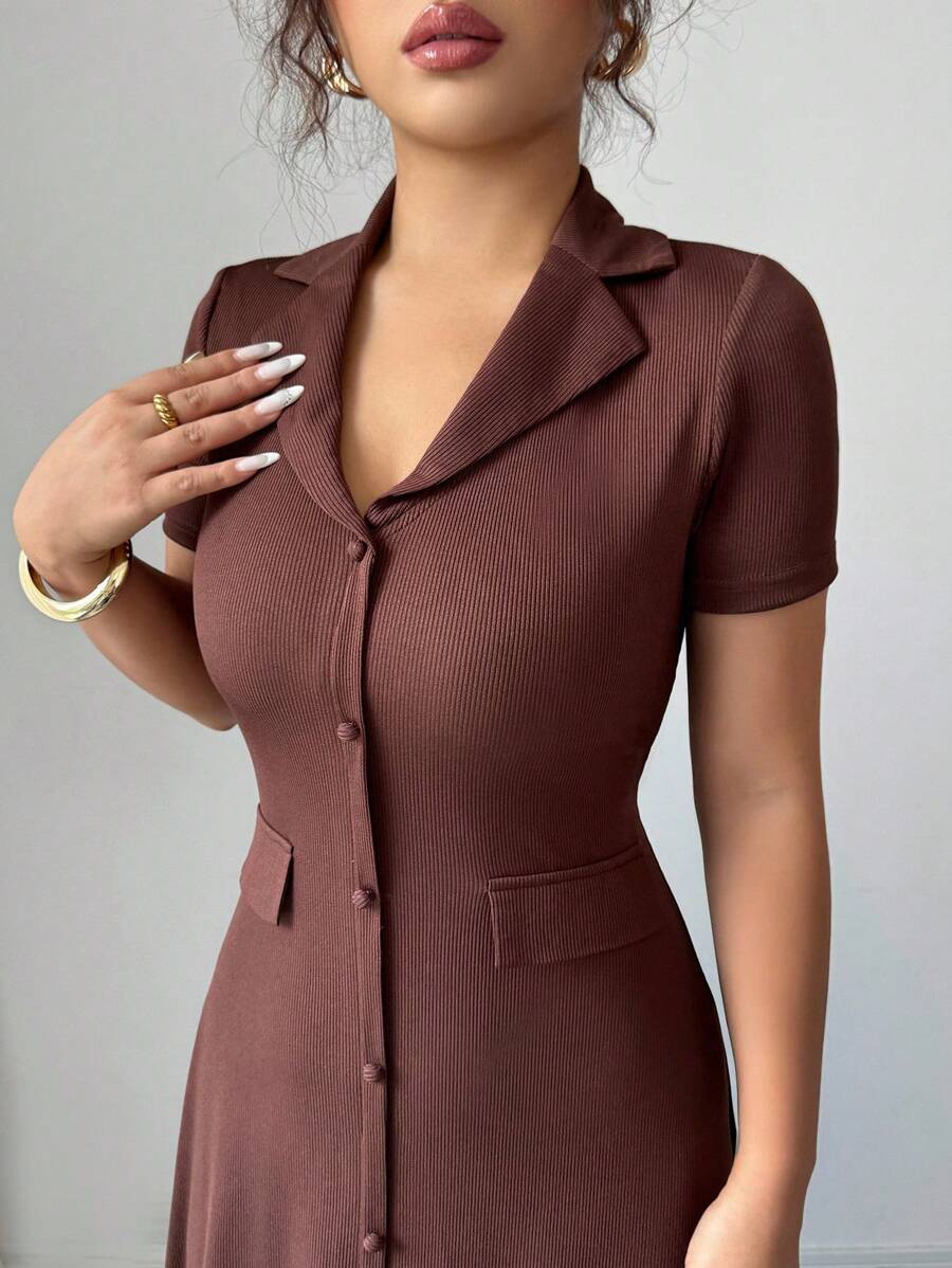 Elenzga Elegant Commuter Brown Lapel Waist Slimming Button Decor A-Line Back Bowknot Short Sleeve Maxi Dress For Women