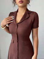 Elenzga Elegant Commuter Brown Lapel Waist Slimming Button Decor A-Line Back Bowknot Short Sleeve Maxi Dress For Women