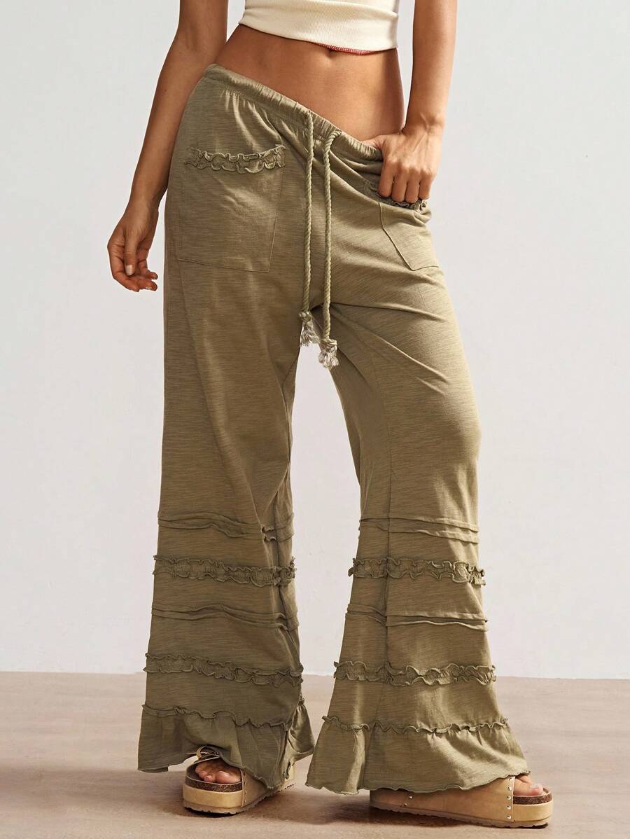 Bohemela Bohemian Style Solid Color High Waist Flare Leg Knit Pants, Spring/Summer Flare Leg Pants Bell Bottom Pants Tiered Ruffle Pants Ruffle Hem Pants,Fall Clothes For Women