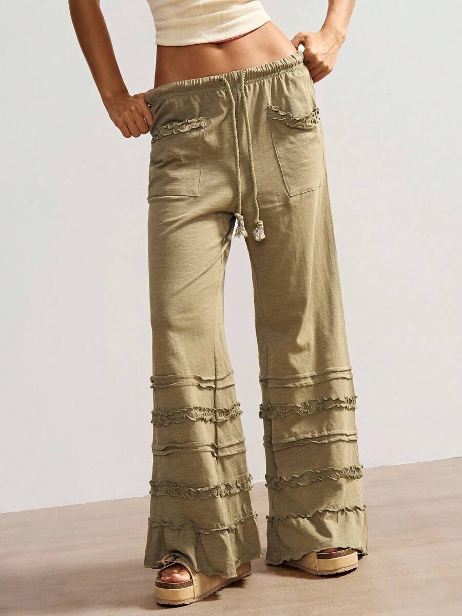 Bohemela Bohemian Style Solid Color High Waist Flare Leg Knit Pants, Spring/Summer Flare Leg Pants Bell Bottom Pants Tiered Ruffle Pants Ruffle Hem Pants,Fall Clothes For Women