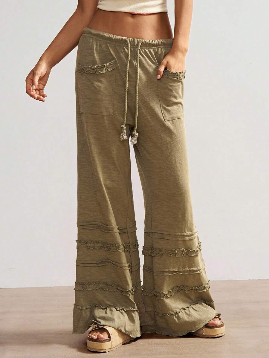 Bohemela Bohemian Style Solid Color High Waist Flare Leg Knit Pants, Spring/Summer Flare Leg Pants Bell Bottom Pants Tiered Ruffle Pants Ruffle Hem Pants,Fall Clothes For Women